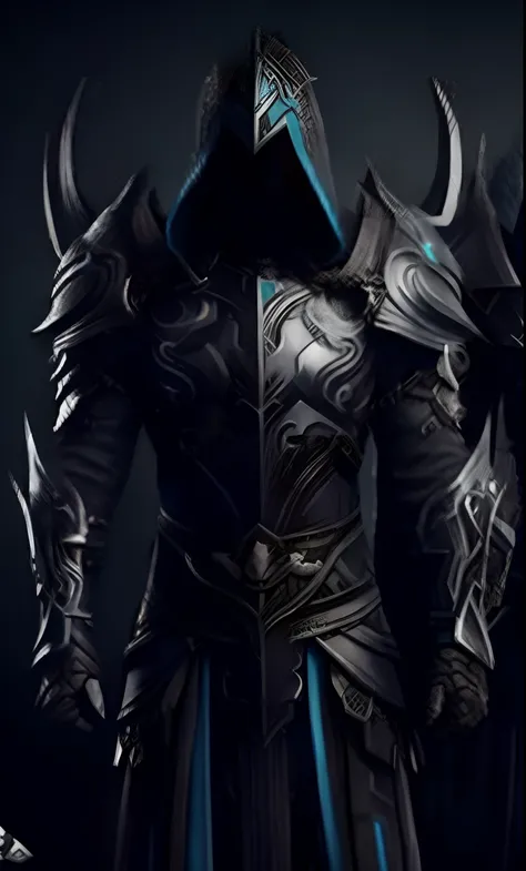 um close up de uma pessoa em um traje preto com um capuz, armadura escura, Armadura do mundo de Warcraft, armadura preta afiada, armadura de sombra, armadura preta, demon armor, Epic armor, intrincada armadura assasin, armadura impressionante, armadura bon...