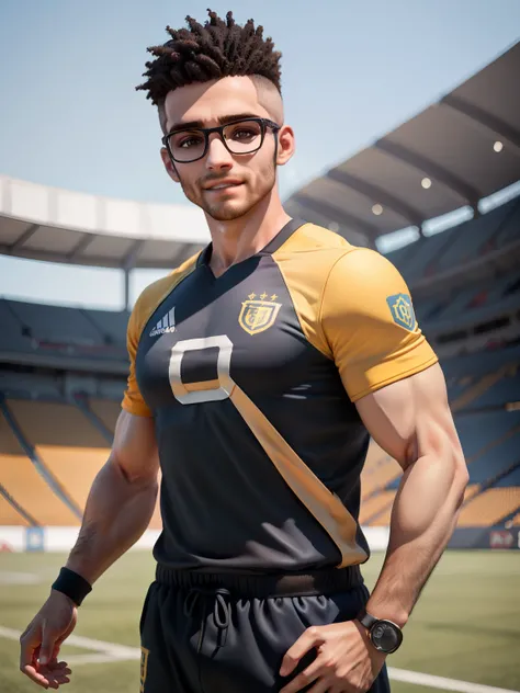 (obra-prima), (melhor qualidade), (ultra-detalhado), (corpo inteiro: 1.2) menino adolescente, masculino, athletic body eyeglass, leve e detalhado, sorriso claro, corpo inteiro, :3, cabelo preto, curto moicano , moicano, pavimento, moderno, modern accessori...