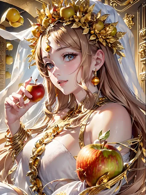 ((Finest quality)),(超A high resolution),(ultra-detailliert),(Meticulous portrayal),((Best CG)),(Finest works of art),Ultra-Precision Art,The art of astounding depiction, (Goddess wearing a pure white chiton:1.5),(With a golden apple:1.5),(Shine golden brow...