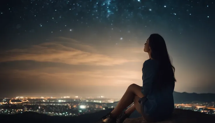 nigh sky、stele、４K,Girl looking at the night sky is small and backward、