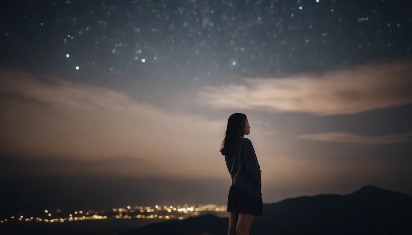 nigh sky、stele、４K,Girl looking at the night sky is small and backward、