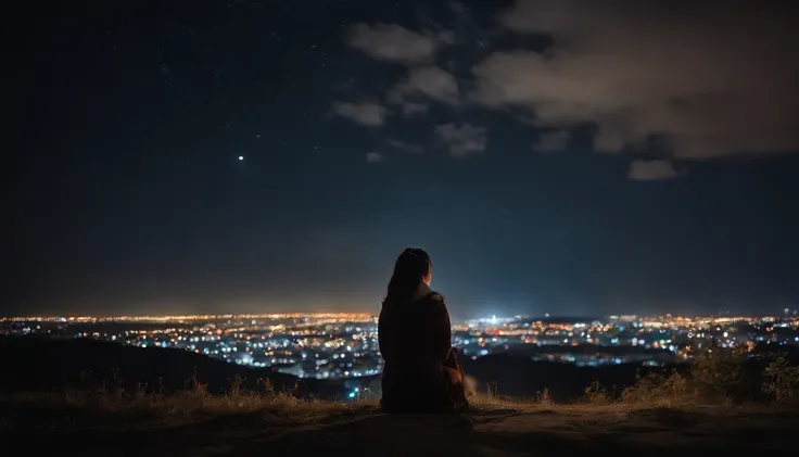 nigh sky、stele、４K,Girl looking at the night sky is small and backward、