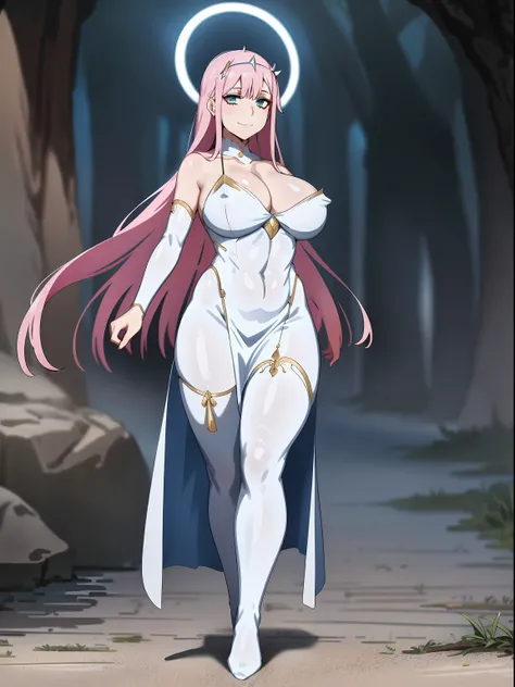 Zero Two, dress, sun halo, holy, smile, medium breast, priestess, full body, walking, divine aura, sun halo, solar halo, long skirt, porcelain skin, ethereal, graceful movement, flowing golden hair, radiant beauty, enchanting gaze, serene expression, soft ...