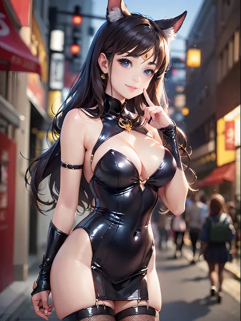 ((16ｋ,Raw photography,top-quality,hight resolution,Ray tracing,PBR Texture,Post-processing,)),((Blue leather bondage skirt, Cute Japan anime girl:2.0,Sailor Moon,Moon rabbit,long wavy brown hair,Big breasts that emphasize cleavage:2.0,bare hand,Thin leg,bl...