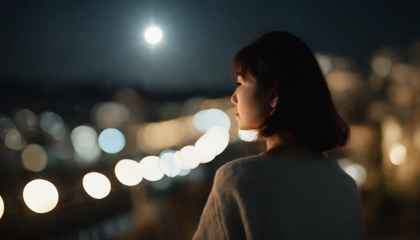 Very beautiful sky at night、A very beautiful star shining々、ultra res、８K、,Japan beautiful girl looking at the night sky is very small and backwards、