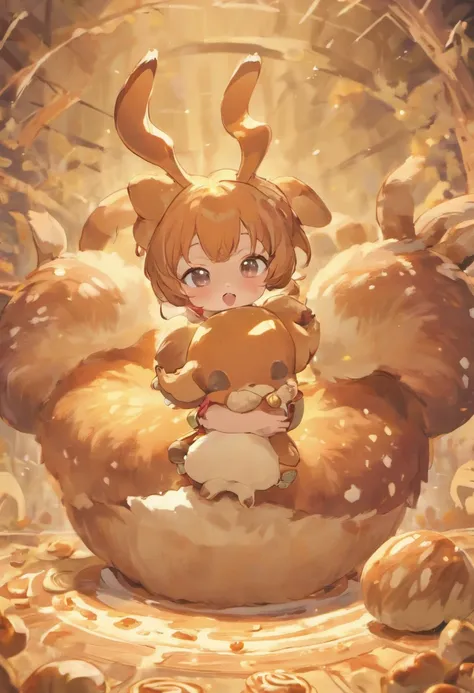 A baby deer, in anime format, absolutely adorable, eating a cinnamon roll.