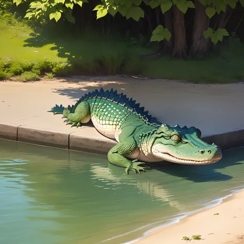 make an alligator sunbathing with sunglasses, on the bank of a river