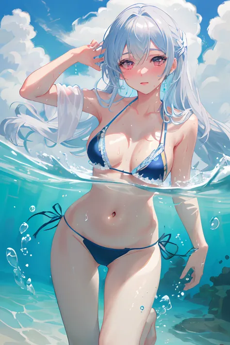 best quality, ultra detailed, beautiful detailed face, complete anatomy, 1girl, solo, submerged water, partially submerged, bubbles, shiny skin, sweat,  cloudy sky,  bikini, long hair,