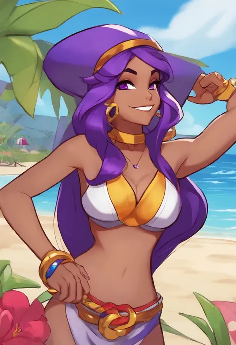 Shantae from half genie hero, at the beach, tanned skin, purple hair