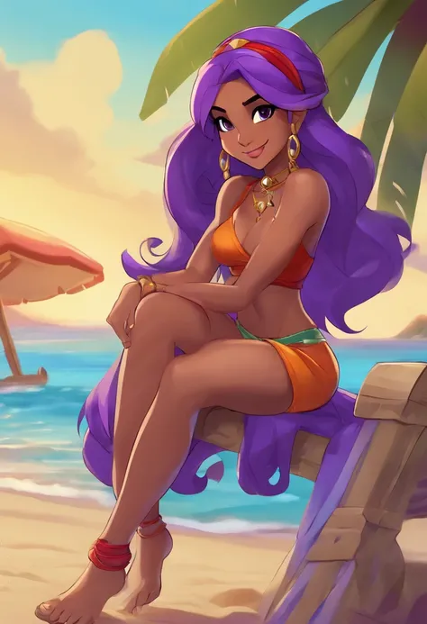 Shantae from half genie hero, at the beach, tanned skin, purple hair