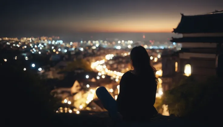 Pitch Black Sky、Very beautiful star々、ultra res、８K、,Japan beautiful girl looking at the night sky is very small and backwards、The girl is depicted from afar、Facing backwards、Sitting on a hill、The city lights are off、