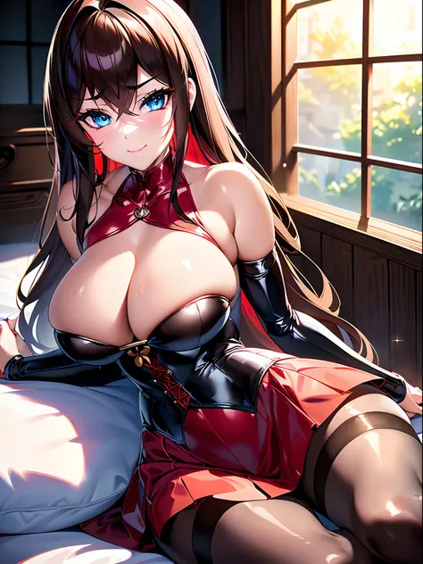 ((16ｋ,Raw photography,top-quality,hight resolution,Ray tracing,PBR Texture,Post-processing,)),(((Red leather bondage skirt, Cute Japan anime girl:2.0,evangerion,Soryu Asuka Langley,long wavy brown hair,Big breasts that emphasize cleavage：2.0,bare hand,Thin...