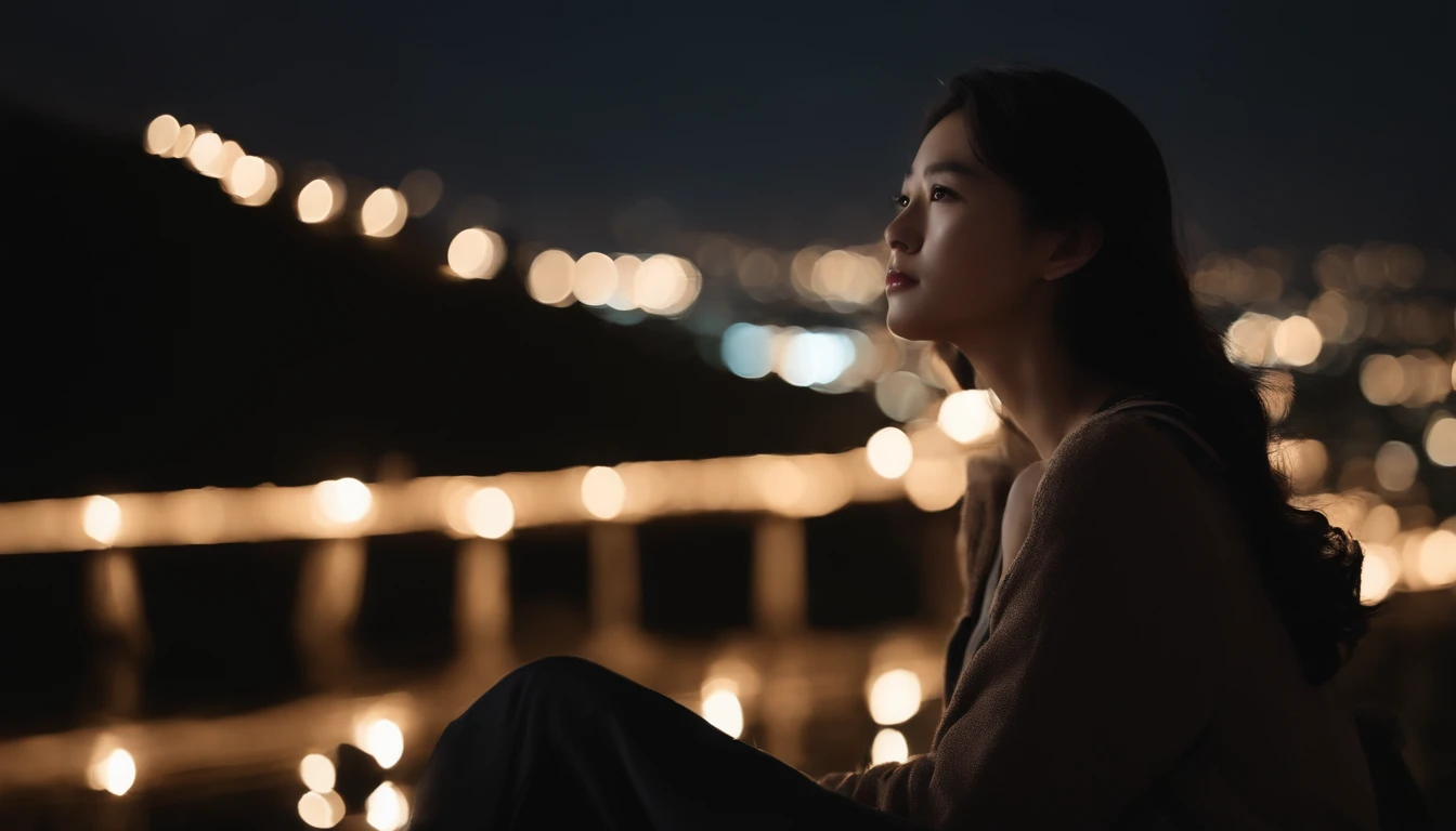 Pitch Black Sky、Very beautiful star々、ultra res、８K、,Japan beautiful girl looking at the night sky is very small and backwards、The girl is depicted from afar、Facing backwards、Sitting on a hill、Its pitch black around、Ultra-realistic video、Extraordinary Beauty...