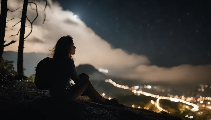 Pitch Black Sky、Very beautiful star々、ultra res、８K、,Japan beautiful girl looking at the night sky is very small and backwards、The girl is depicted from afar、Facing backwards、Sitting on a hill、Its pitch black around、Ultra-realistic video、Extraordinary Beauty...