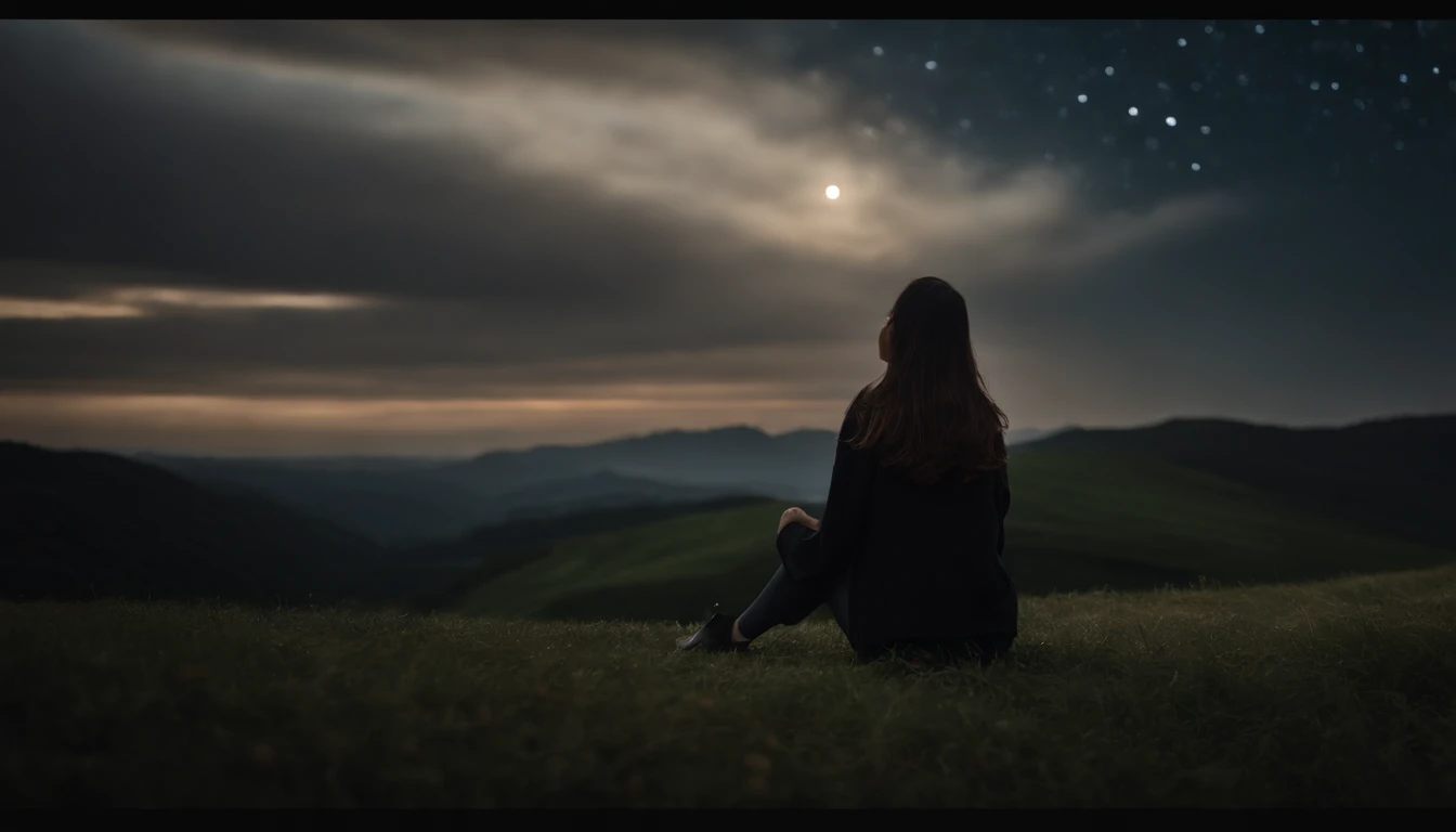 Pitch Black Sky、Very beautiful star々、ultra res、８K、,Japan beautiful girl looking at the night sky is very small and backwards、The girl is depicted from afar、Facing backwards、Sitting on a hill、Its pitch black around、Ultra-realistic video、Extraordinary Beauty...