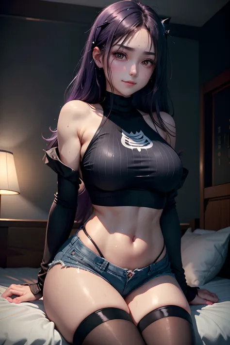 Jersey material is cotton、A slight smil、Transcendent beauty、Dark Gothic Makeup、Sweat glitters on my face、Sweat glitters on my thighs、The whole body is shiny with sweat.、Long hair straight hair、Purple hair、Transcendent cute face、Sit up、a bed、sprawl、Dark bla...