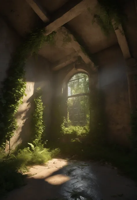 Overgrown Ruined Prison cell, grass, creeping plants, trees, bright sun, Ray tracing, unreal engine, photo realistic, wind, broken walls, rubble, birds