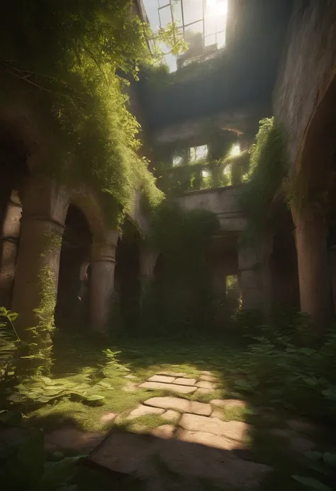 Overgrown Ruined Prison cell, grass, creeping plants, trees, bright sun, Ray tracing, unreal engine, photo realistic, wind, broken walls, rubble, birds