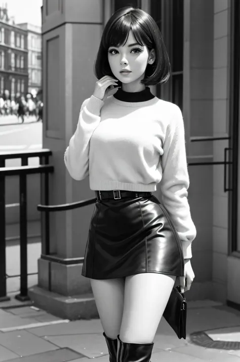 dynamic angle, dynamic shot, perfect face, absolutely beautiful young woman, 1960s, London, gogo boots, mini skirt