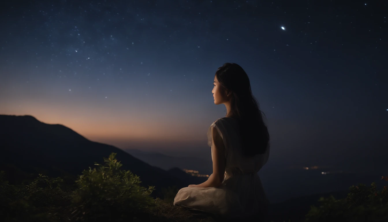 Pitch Black Sky、Very beautiful star々、ultra res、８K、,Japan beautiful girl looking at the night sky is very small and backwards、The girl is depicted from afar、Facing backwards、Sitting on a hill、Its pitch black around、Ultra-realistic video、Extraordinary beauty...