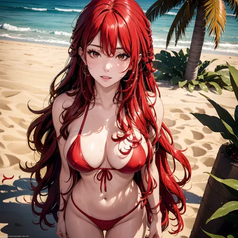 Masterpiece, best quality, highres, highly detailed, 1 girl, long hair, red hair, caramel eyes, large breast, red bikini, red panties, nipple perked out from under bra, she wet, drenched, outdoor, beach, looking at viewers