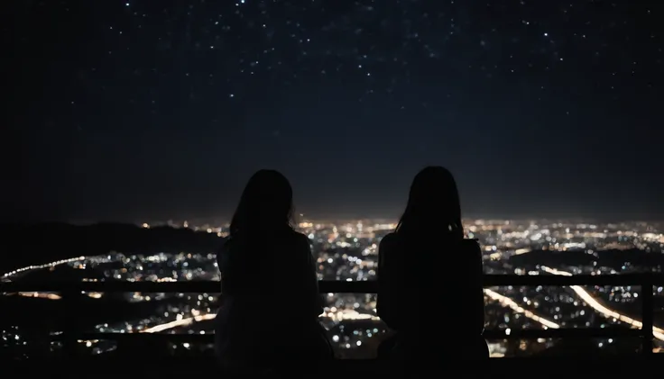 Pitch Black Sky、Very beautiful star々、ultra res、８K、,Japan beautiful girl looking at the night sky is very small and backwards、The girl is depicted from afar、Facing backwards、Sitting on a hill、Its pitch black around、Ultra-realistic video、Most images are in t...