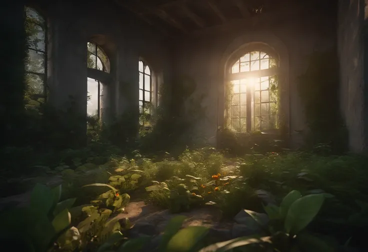 Overgrown Ruined Prison cell, grass, creeping plants, trees, bright sun, Ray tracing, unreal engine, photo realistic, wind, broken walls, rubble, birds, colorful flowers