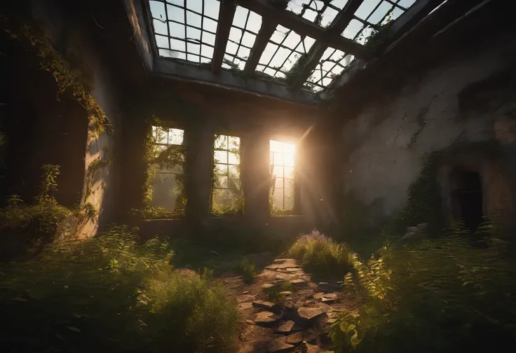 Overgrown Ruined Prison cell, grass, creeping plants, trees, bright sun, Ray tracing, unreal engine, photo realistic, wind, broken walls, rubble, birds, colorful flowers, broken roof