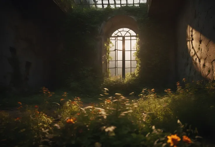 Overgrown Ruined Prison cell, grass, creeping plants, trees, bright sun, Ray tracing, unreal engine, photo realistic, wind, broken walls, rubble, birds, colorful flowers, broken roof