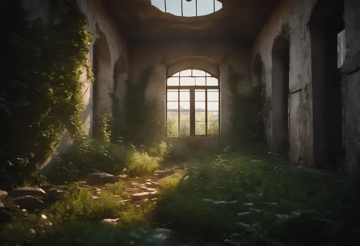 Overgrown Ruined Prison cell, grass, creeping plants, trees, bright sun, Ray tracing, unreal engine, photo realistic, wind, broken walls, rubble, birds, colorful flowers, broken roof