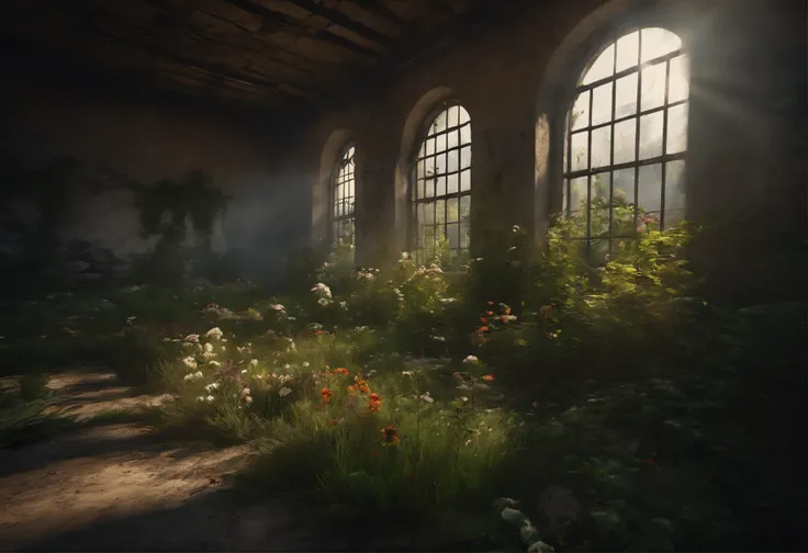 Overgrown Ruined Prison cell, grass, creeping plants, trees, bright sun, Ray tracing, unreal engine, photo realistic, wind, broken walls, rubble, birds, colorful flowers