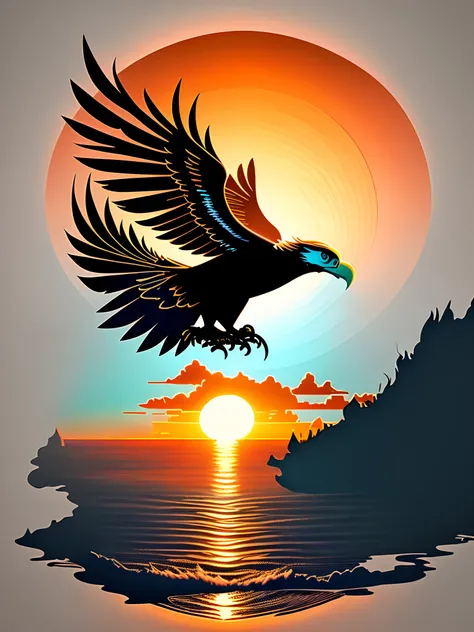 Can you create a tattoo design of a silhouette of an American bald eagle flying into the sunset over the ocean horizon, with the words “Learn to Fly” underneath?