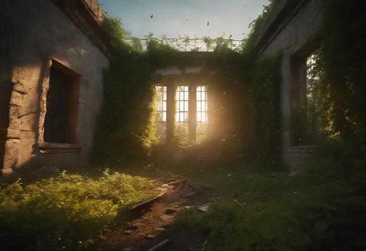 (Overgrown Ruined Prison) cell, grass, creeping plants, (trees breaking building), bright sun, Ray tracing, unreal engine, photo realistic, wind, broken walls, rubble, birds, colorful flowers, broken roof