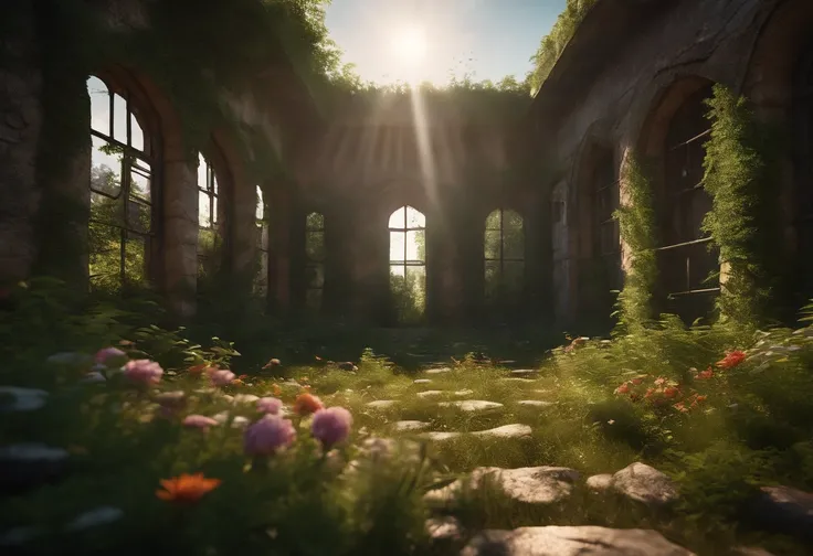 (Overgrown Ruined Prison) cell, grass, creeping plants, (trees breaking building), bright sun, Ray tracing, unreal engine, photo realistic, wind, broken walls, rubble, birds, colorful flowers, broken roof