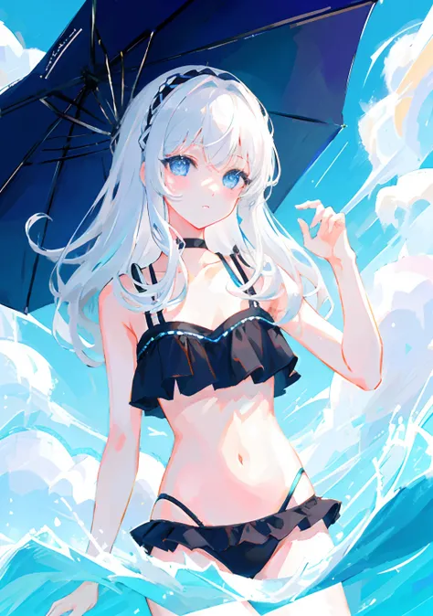 ​masterpiece、top-quality、ultra-detailliert、illustratio、portlate、女の子 1 人、Black_hair、blue eyess、white  hair、swim wears、The bikini