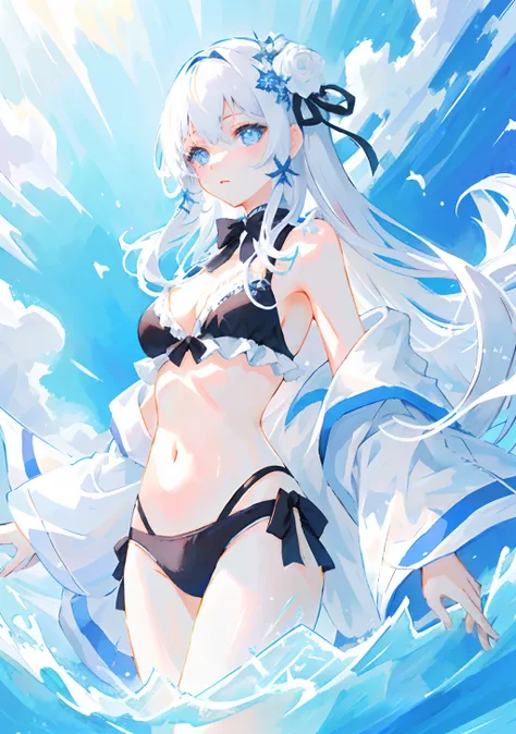 ​masterpiece、top-quality、ultra-detailliert、illustratio、portlate、女の子 1 人、Black_hair、blue eyess、white  hair、swim wears、The bikini