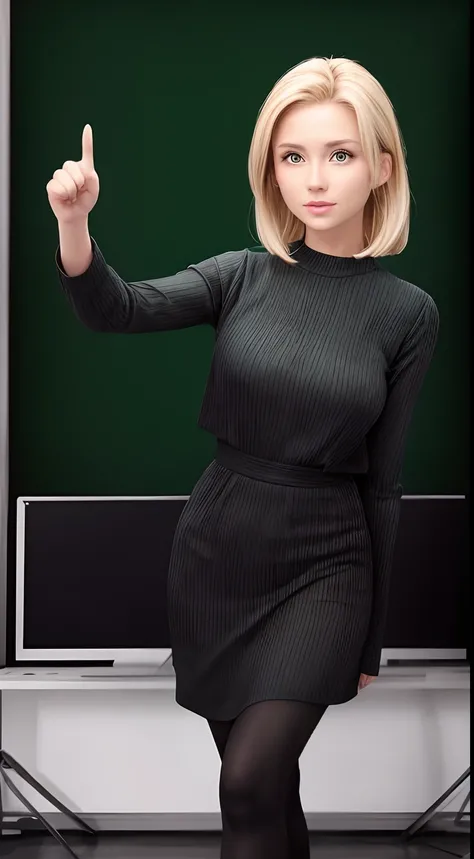 blonde woman, with green screen behind her.  She should be pointing at the screen but looking straight ahead.  the woman must appear full body in the photo.