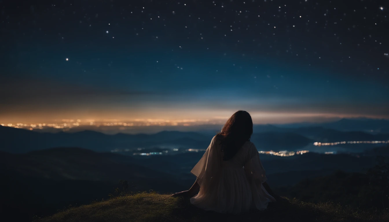 nigh sky、Beautuful Women、ultra res、４K、stele、japanes、Beauty is sitting on a hill facing backwards and looking at the stars in the night sky、soio、