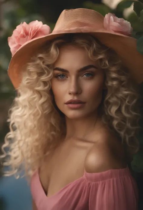 mulher albina, com roupas rosas, curly hair, obras de arte intrincadas, 8k, 20 anos, corpo inteiro, blonde hair, sol, cores quentes, sombras perfeitas, 8k