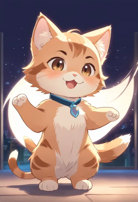 A 2D chibi character of a light brown European cat with white chest with the pose of waving