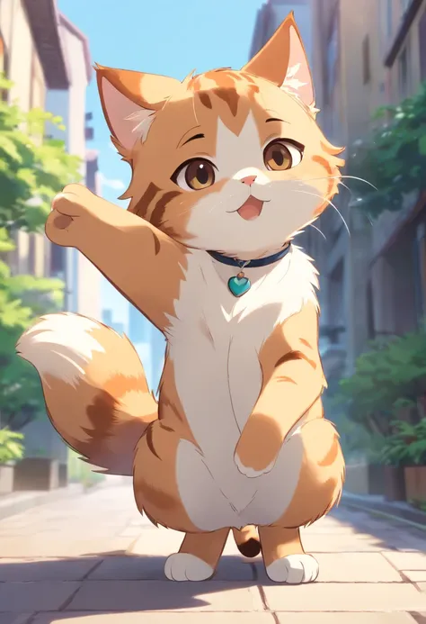 A 2D chibi character of a light brown European cat with white chest with the pose of waving