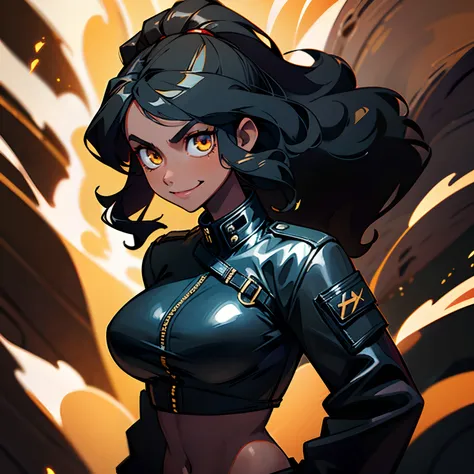 ((solo character)), 1 young adult woman, defiant smile, shiny golden eyes, big breasts, strong body, ((black woman)), ((black skin)), black leather jacket, cropped shirt, black wavy hair, fire background