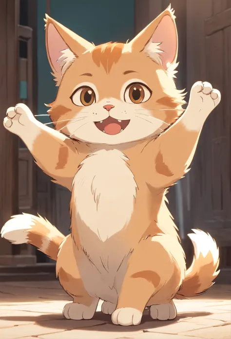 A 2D chibi character of a light brown European cat with white chest with the pose of waving