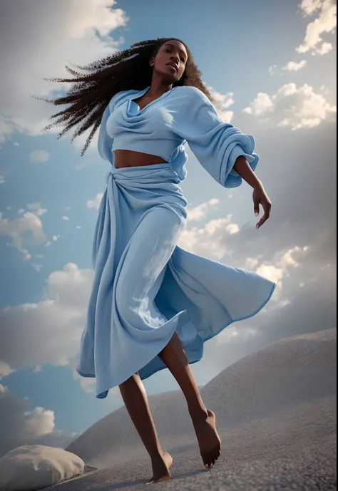 Wide angle shot of Blue soft linen clothes covering a black woman levitating in the air, wind blowing in the scene, empty area with blue and white background, grey ground surface, soft light shining in the scene, with iridescent light cinematic lighting, a...