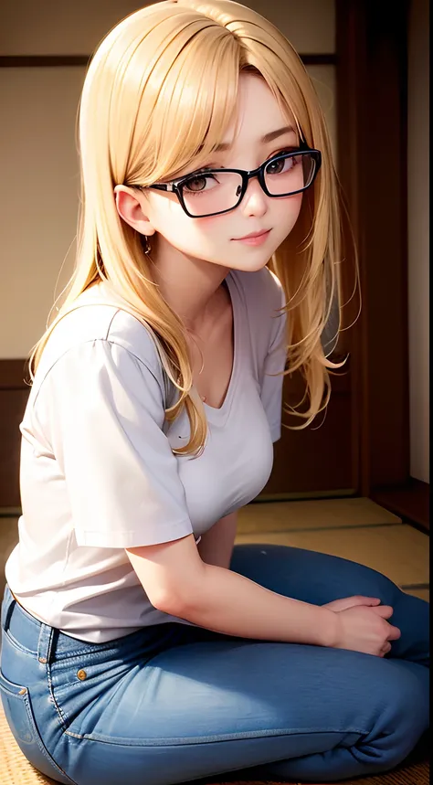 Best Quality,A MILF　Japanese ido　a blond　eye glass　traditional Japanese room　Sitting upright　Upper body and face close-up looking at camera　White shirt and blue denim pants　Flushed cheeks