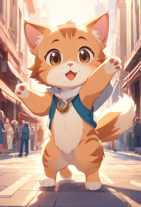 A 2D chibi character of a light brown European cat with white chest waving