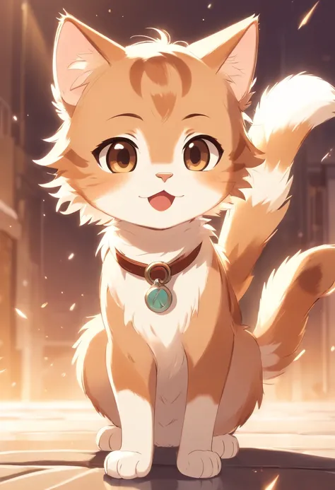 A 2D chibi character of a light brown European cat with white chest waving