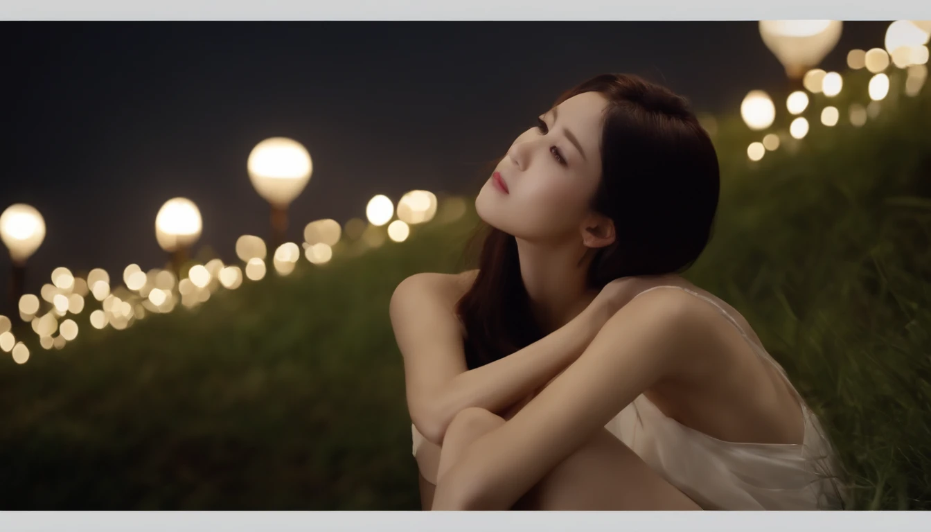 nigh sky、Beautuful Women、ultra res、４K、stele、japanes、Beauty is sitting on a hill facing backwards and looking at the stars in the night sky、Soio、Hairstyle is long straight、realistic footage、Taken from a distance and the beautiful woman is shown in small、Jap...