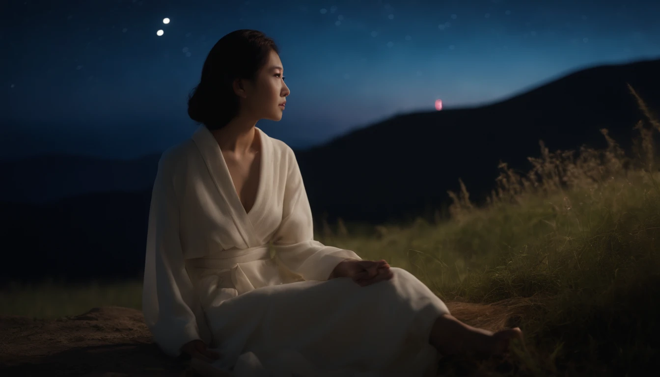 nigh sky、Beautuful Women、ultra res、４K、stele、japanes、Beauty is sitting on a hill facing backwards and looking at the stars in the night sky、Soio、Hairstyle is long straight、realistic footage、Taken from a distance and the beautiful woman is shown in small、Jap...