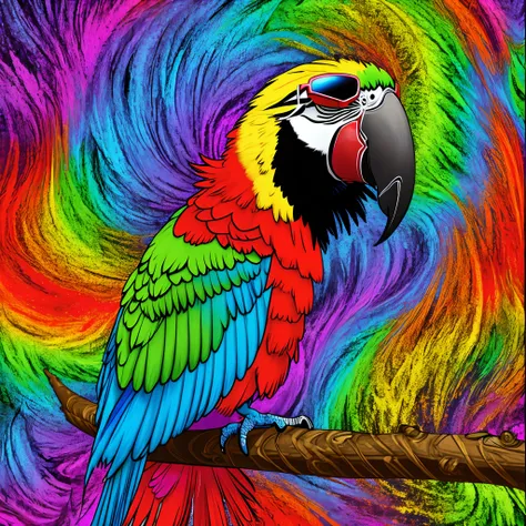 Parrot in Hawaiian shirt with sunglasses with psychedelic colors